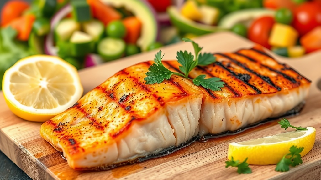 Perfectly Grilled Salmon with Lemon and Herbs Grilled salmon fillet with lemon and parsley on a cutting board, accompanied by a colorful salad.